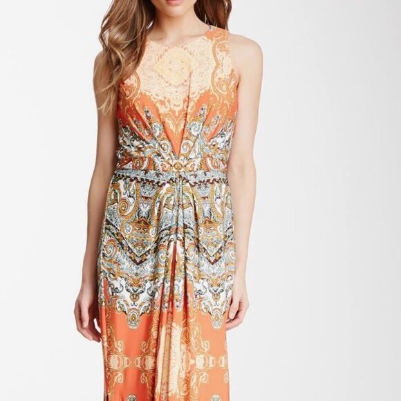 Donna Morgan Orange Print Sleeveless Boho Scarf Print Maxi Dress 6 - Picture 1 of 16